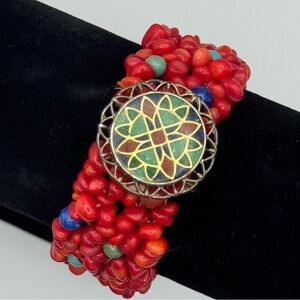 Carolyn Pollack Relios Sterling Silver Coral Inlay Beaded Stretch Bracelet CP925
